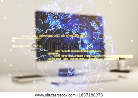 Double exposure of abstract creative programming illustration with world map on computer background, big data and blockchain concept