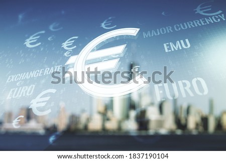 Virtual EURO symbols illustration on blurry skyscrapers background, forex and currency concept. Multiexposure