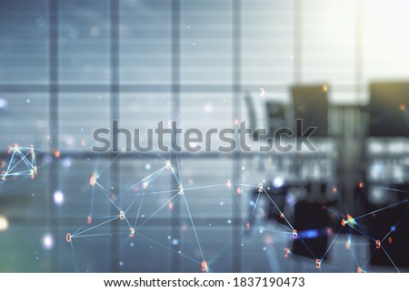 Abstract virtual wireless technology hologram on a modern conference room background. Big data and database concept. Multiexposure
