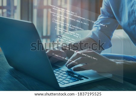 programmer writing programming code script on virtual screen Royalty-Free Stock Photo #1837195525