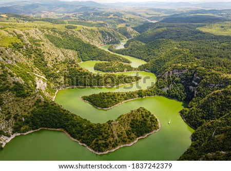 Drone photo on Uvac meandering river, Serbia. Photo from air on Uvac, Serbia. Royalty-Free Stock Photo #1837242379