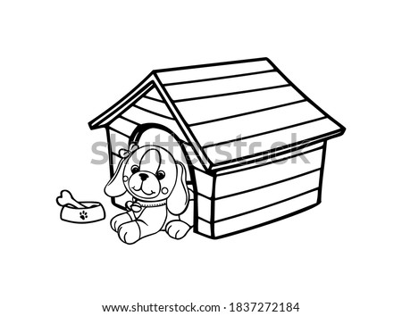 Cartoon kawaii cute black silhouette outline vector drawing illustration of pet dog puppy in the booth isolated on white background.Wooden dog house.A bowl with a bone and a footprint.Coloring book .