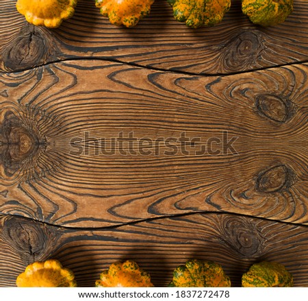 Variety of pumpkins on a wooden background. Harvest concept flat lay with copy space.
