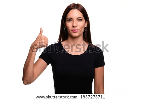 Isolated in white background brunette woman saying letter A  in spanish sign language