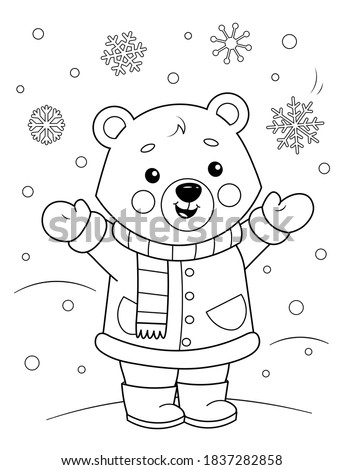Coloring page of a cute cartoon teddy bear in winter clothes enjoying the snow. Coloring book for kids. Royalty-Free Stock Photo #1837282858