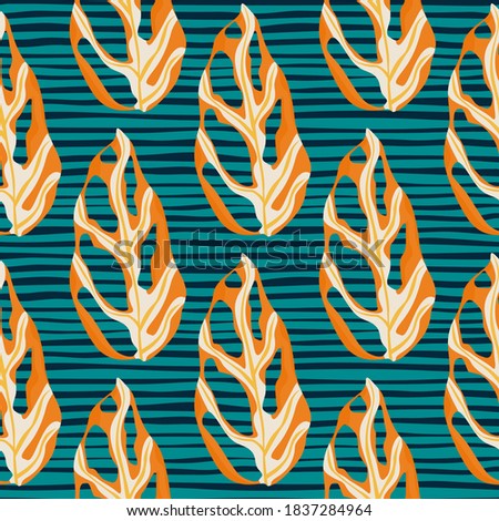 Contrast seamless marble monstera leaf silhouettes pattern. Orange marble tropical foliage on turquoise striped background. Perfect for fabric design, textile, wrapping, cover. Vector illustration