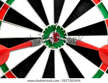 Close-up of a dart board with an imprinted flag of Bahrain in the center. The concept of achieving goals.
