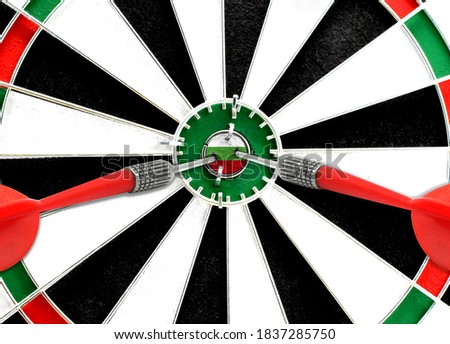 Close-up of a dart board with an imprinted flag of Bulgaria in the center. The concept of achieving goals.