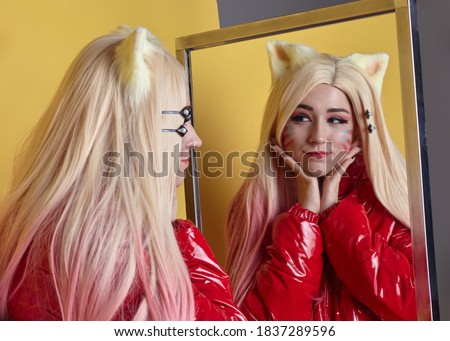cosplay girl on yellow background