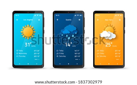 Weather forecast widget at smartphone screen. Vector illustration. Mobile phone with daily weather forecast application template. Sun, clouds, thunderstorm and rain Royalty-Free Stock Photo #1837302979