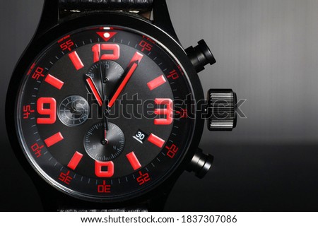 Black and red Wristwatch with black genuine leather strap