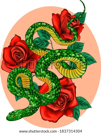snake with roses vector illustration pink background 