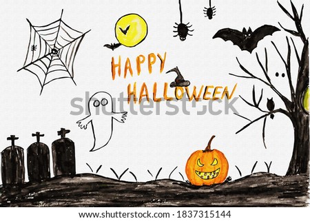 Happy Hallowen card by watercolors. Watercolor illustration with flying bats, pumpkin, ghost, tree and spiders on white