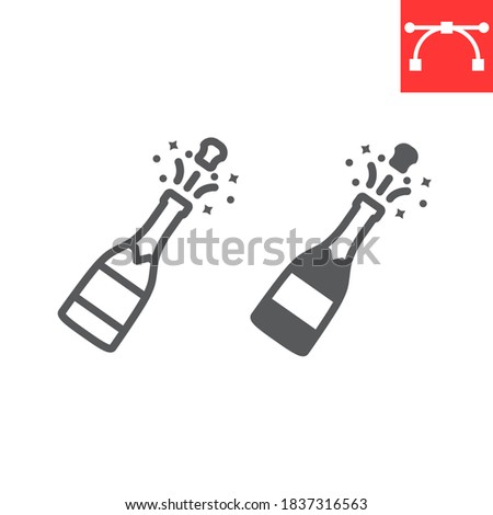 Champagne bottle popping line and glyph icon, merry christmas and drink, alcohol sign vector graphics, editable stroke linear icon, eps 10