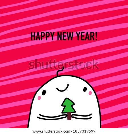 Happy new year hand drawn vector illustration in cartoon doodle style man happy holding pine tree christmas symbol