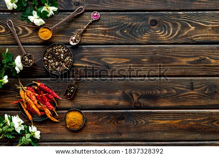 Layout of mixed hot spices and herbs, top view