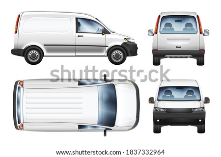 Set of realistic vector illustrations of minivan from top, side, front and back view.