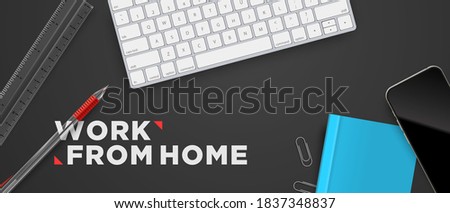Work from home top view school objects. flat lay office desk workspace realistic vector background