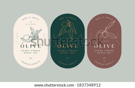 Vector set labels with olive branch - simple linear style. Emblems composition with olives and typography Royalty-Free Stock Photo #1837348912