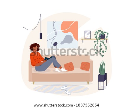 Black young woman reading book vector background. Relaxed african girl sitting on the sofa and read, isolated on white backdrop. Cozy modern home interior. Concept of homeward and comfort. Royalty-Free Stock Photo #1837352854