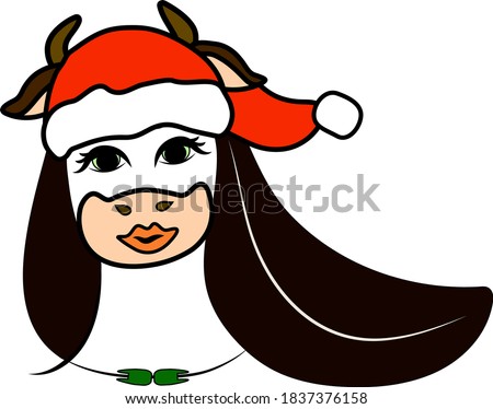 humanized new year's portrait of a cow with long dark hair in a new year's red Cap, drawn in vector, on a white background in isolation. A series of 12 images.