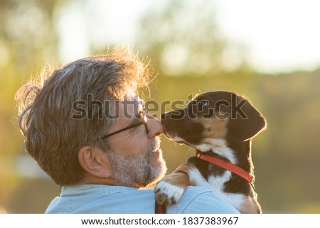 moments of love between dog and his owner. concept about pets and animals. Dog kissing his owner - mature man have fun with his dog. Senior Man with his dog hugging and playing outdoor in the park. Royalty-Free Stock Photo #1837383967