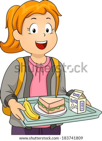 Illustration of a Litte Girl in a Cafeteria Carrying a Tray Holding Her Lunch