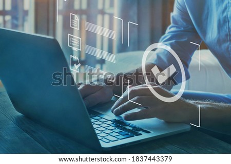 Quality control certification, checked garantee of standard of company product. Concept on virtual screen. Royalty-Free Stock Photo #1837443379