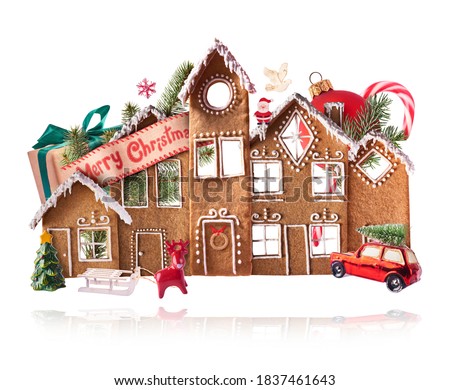 Christmas holliday card. Flying in the air gingerbread houses with christmas decorations isolated on the white background. Merry christmas levitation concept. High resolution image.