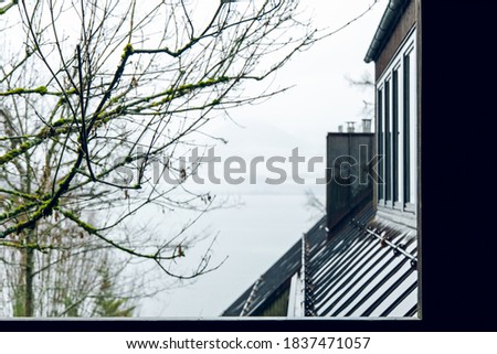 rustic balcony window frame soft focus concept outdoor picture in foggy frost morning fall season time rainy weather time