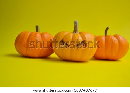 Autumn pumpkins on yellow color background. Halloween concept. Copy space, creative ideas.