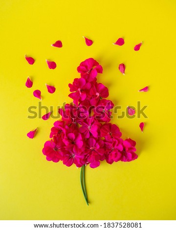 Red Geranium Pelargonium flowers in the shape of a Christmas tree isolated on yellow background.Beautiful floral background of pelargonium. Flat lay, top view