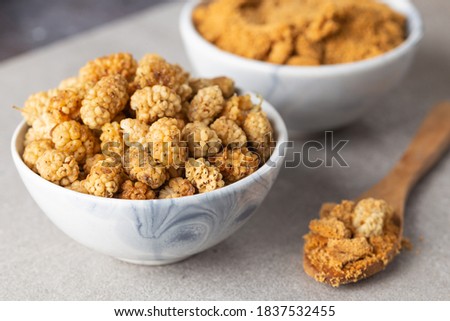 Mulberry Fruit Powder. A bowl of white dried mulberry  and dried mulberry powder on stone background. Royalty-Free Stock Photo #1837532455