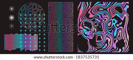 Set of universal holographic geometric elements and icons for futuristic minimal design. Abstract shapes and forms on dark background. Royalty-Free Stock Photo #1837535731