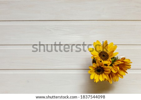 Three beautiful sunflowers on a white wooden table. Top view of yellow flowers. Great for presentations, decor and web design. Royalty-Free Stock Photo #1837544098