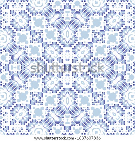 Portuguese vintage azulejo tiles. Set of vector seamless patterns. Creative design. Blue antique backgrounds for pillows, print, wallpaper, web backdrop, towels, surface texture.