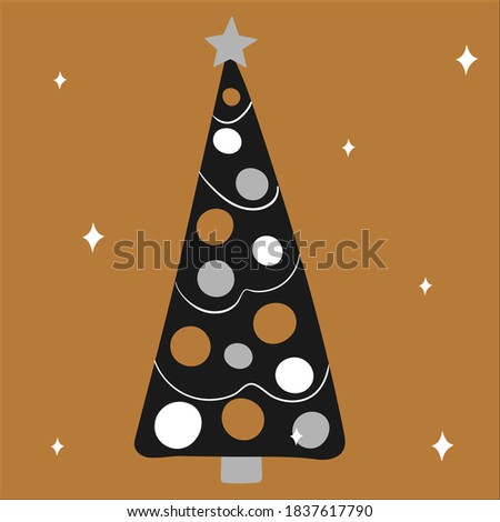 Holiday decorated Christmas tree with garlands and balls on a white background in gold, silver, black colors. Vector illustration, in scandinavian hand drawn style, square format