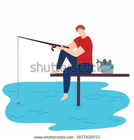 A fishing man is sitting on a wooden pier, holding a long fishing rod and fishing. A man and a bucket of fish. Lake or river, vector illustration