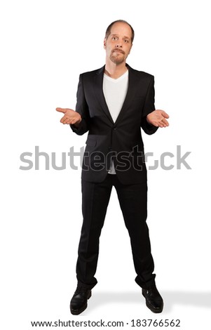 A Businessman opens his hands on a white background.
