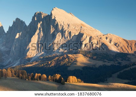 Seasonal autumnal scenery in highlands. Alpine landscape in Dolomite mountains, Southern Tyrol area, Italy. Popular travel destination in autumn. Aerial autumn sunrise scenery with yellow trees.