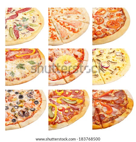 Set of high-detailed various hearty whole and sliced pizza isolated on white cropped to square