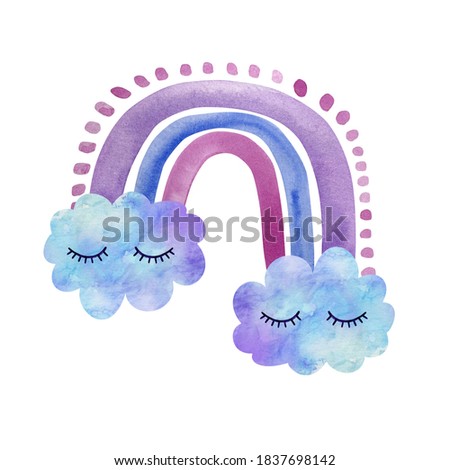 Watercolor hand painted cute rainbow with clouds and eyelashes. The illustration is isolated on a white background. Logo design, children's textiles, print, nursery decor, children's decoration