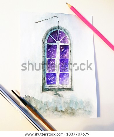 photo of the process of drawing an old window, sketch with a pencil, brush, pen