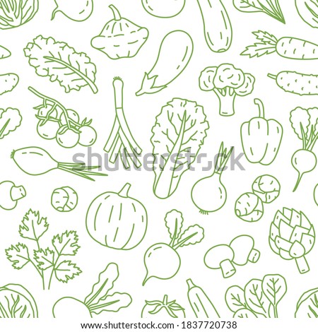 Monochrome line art seamless pattern with various organic vegetables. Repeatable background with healthy veggies and salad greens. Vector linear illustration Royalty-Free Stock Photo #1837720738
