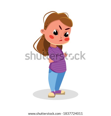 Upset Angry Girl Standing with Folded Hands, Naughty Hoodlum Kid Character Cartoon Style Vector Illustration