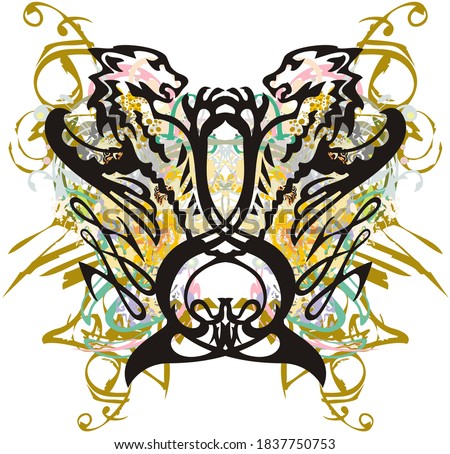 Colorful butterfly with animal heads. Patterned butterfly with fantastic animals such as a lion against floral and golden elements for tattoo, prints on T-shirts, posters, wallpaper, textiles, etc.