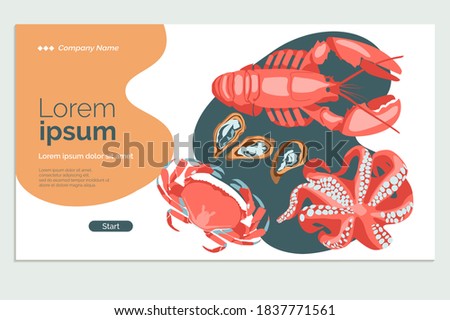 Seafood banner template. Organic natural healthy nutritious fresh marine fishes and creatures. Fish market, seafood products, packaging design cartoon vector illustration