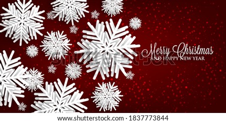 Merry Christmas Happy new year Party Invitation or greeting card ice paper cut white snowflake red background