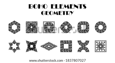 Set: Mosaic with geometric shapes. Design with manual hatching. Textile. Ethnic boho ornament. Vector illustration for web design or print.
