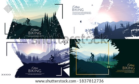 Vector illustration. Travel concept of discovering. Explore and observe nature. Paint ink brush overlay. Flat design template of web banner, website template. Landscapes set. Backgrounds collection